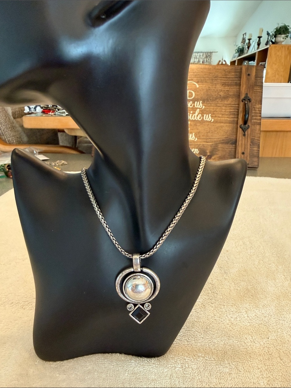 Sterling-Style Silver Pendant Necklace with Black Accent